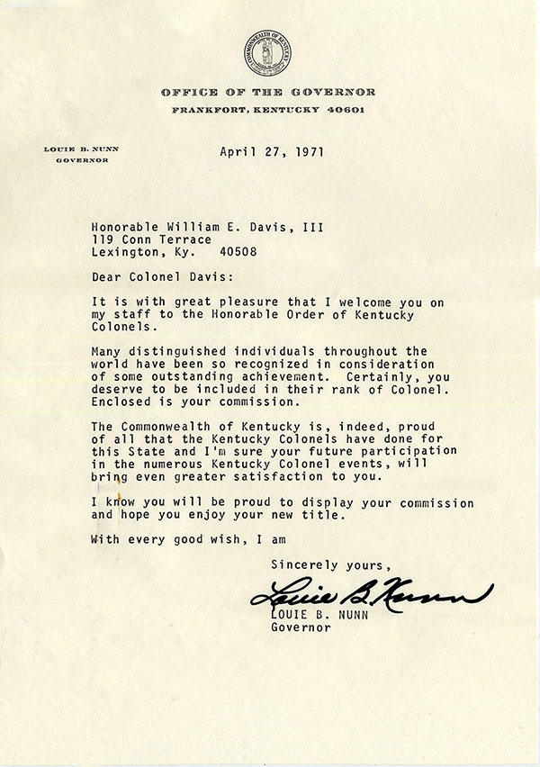 Governor's Welcome Letter of Honorable Order of Kentucky Colonels